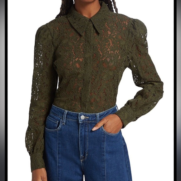 L’AGENCE Olive green, sheer lace, button-down puff sleeve shirt - Picture 1 of 12